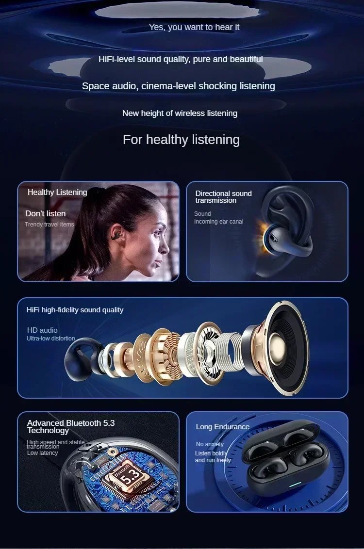 Clip-On Bluetooth 5.3 Earphones with Noise Cancelling & Charging Case