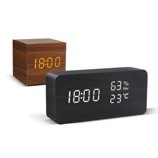 Wooden LED Alarm Clock with Voice Control & USB Power