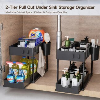 2-Tier Pull Out Under Sink Storage Organizer With Hooks Hanging Cup Multifunctional Cabinet Rack Kitchen Bathroom Sink Storage