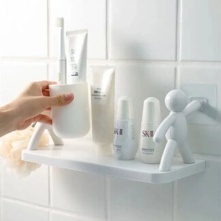 Adhesive Shower Shelf Bathroom Storage Rack – White/Grey PP