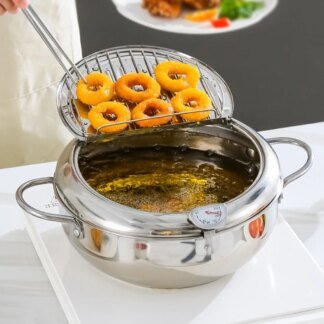 304 Stainless Steel Tempura Fryer Pot With Thermometer & Lid Oil Saving Deep Frying Pan 20/24/28cm Uncoated Gas Induction