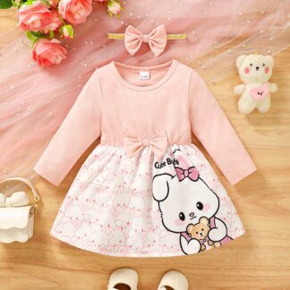 2Pcs Baby Girl Clothing Dress Set Autumn Cute Rabbit Print Bow Headband For 0-3 Years Toddler Princess Party Dresses  Outfit
