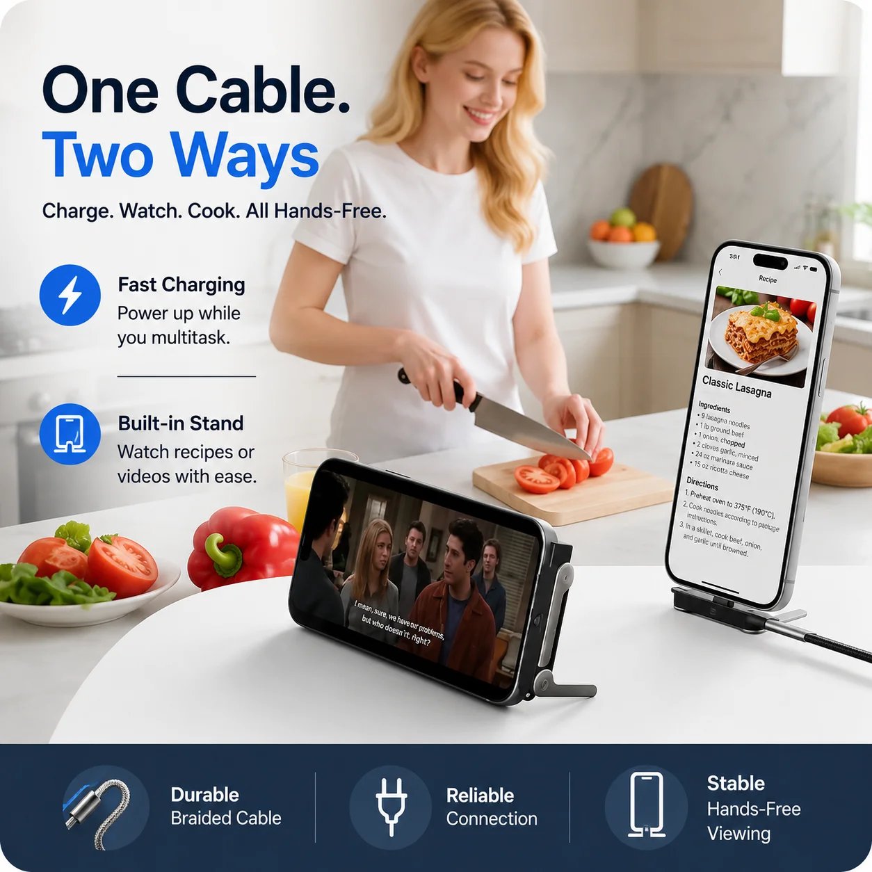 USB C Fast Charging Cable 240W Nylon Braided with Phone Stand - Image 4