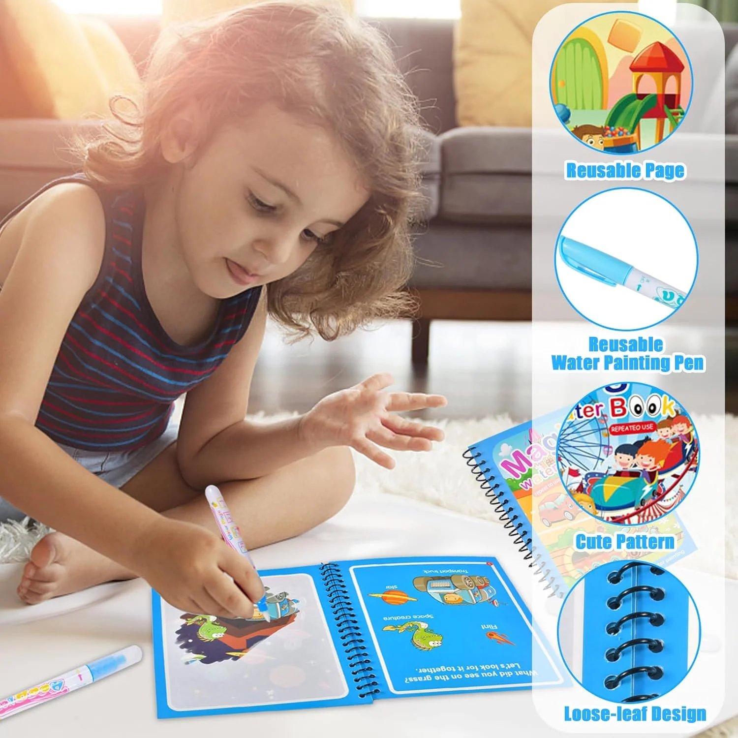 Reusable Water Drawing Book with Refillable Water Pen for Kids - Image 3