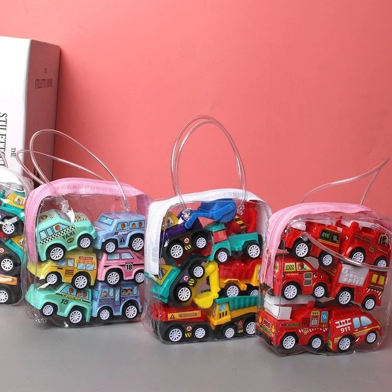 Pull Back Mini Cars 6pc Set Diecast Fire Truck Taxi Toy Vehicles